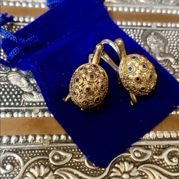 European Turtle Earrings Encrusted Sapphire Topaz - Picture 12 of 16
